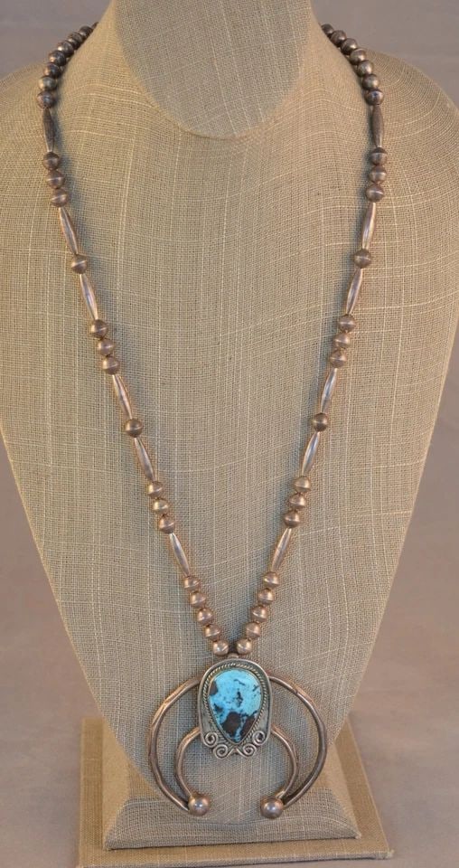 OLD PAWN NAVAJO SILVER NECKLACE - TURQUOISE NAJA WITH SILVER BEADS - 27.5" (1 of 2)