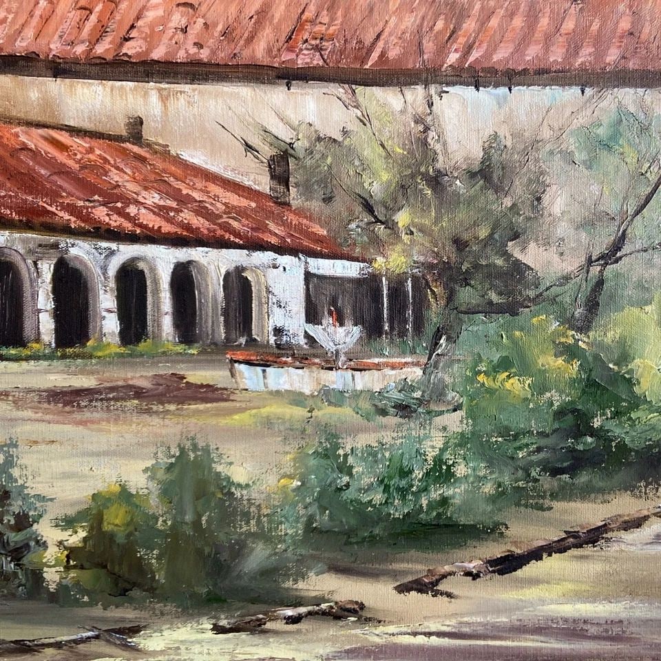 LARGE VINTAGE OIL PAINTING - CALIFORNIA MISSION CHURCH - CALIF ARTIST KAY KETTLE: LARGE VINTAGE OIL PAINTING - CALIFORNIA MISSION CHURCH - CALIF ARTIST KAY KETTLE Large Vintage Oil Painting - California Mission Church - Kay Kettle.