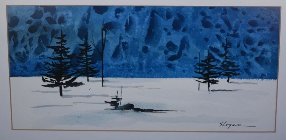 FRAMED VTG WATERCOLOR PAINTING - WINTER LANDSCAPE - JOHN ? HOGAN - BLUES WHITE (1 of 2)