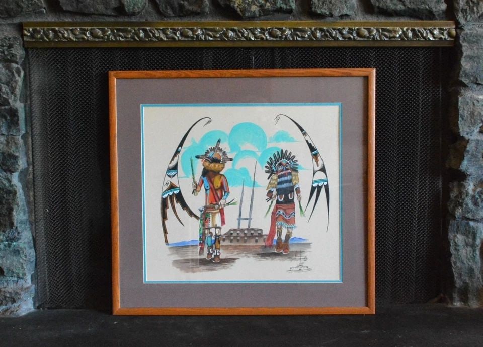 DANIEL NAMOKI - VINTAGE PAINTING 2 GUARD KACHINAS - EAGLE WINGS - KIVA - FRAMED: DANIEL NAMOKI - VINTAGE PAINTING 2 GUARD KACHINAS - EAGLE WINGS - KIVA - FRAMED This vintage Hopi painting shows 2 Hopi Guard kachinas with yucca whips near the opening to a kiva. Above are eagle wing