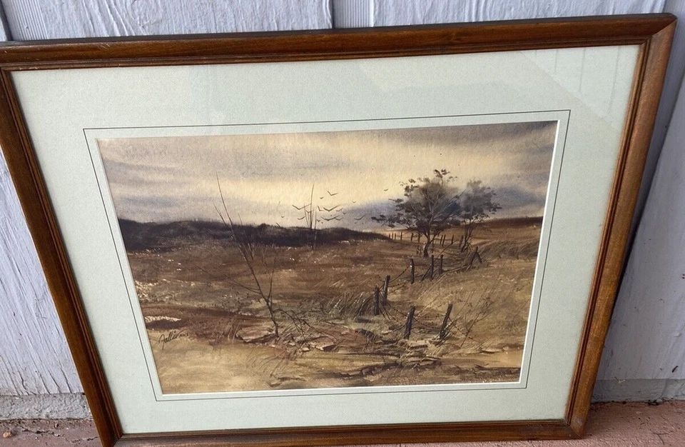 JAMES FALLIER - WATERCOLOR LANDSCAPE PAINTING - KANSAS PRAIRIE FIELDS - BIRDS: JAMES FALLIER - WATERCOLOR LANDSCAPE PAINTING - KANSAS PRAIRIE FIELDS - BIRDS Item Description: This original watercolor painting was done by Kansas artist James Fallier (1930-). It shows a evocative 