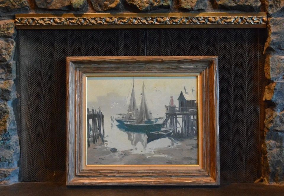 ANTIQUE OIL PAINTING - SHIPS AT DOCK - NEW ROCHELLE NEW YORK - FRAMED - SIGNED (1 of 2)