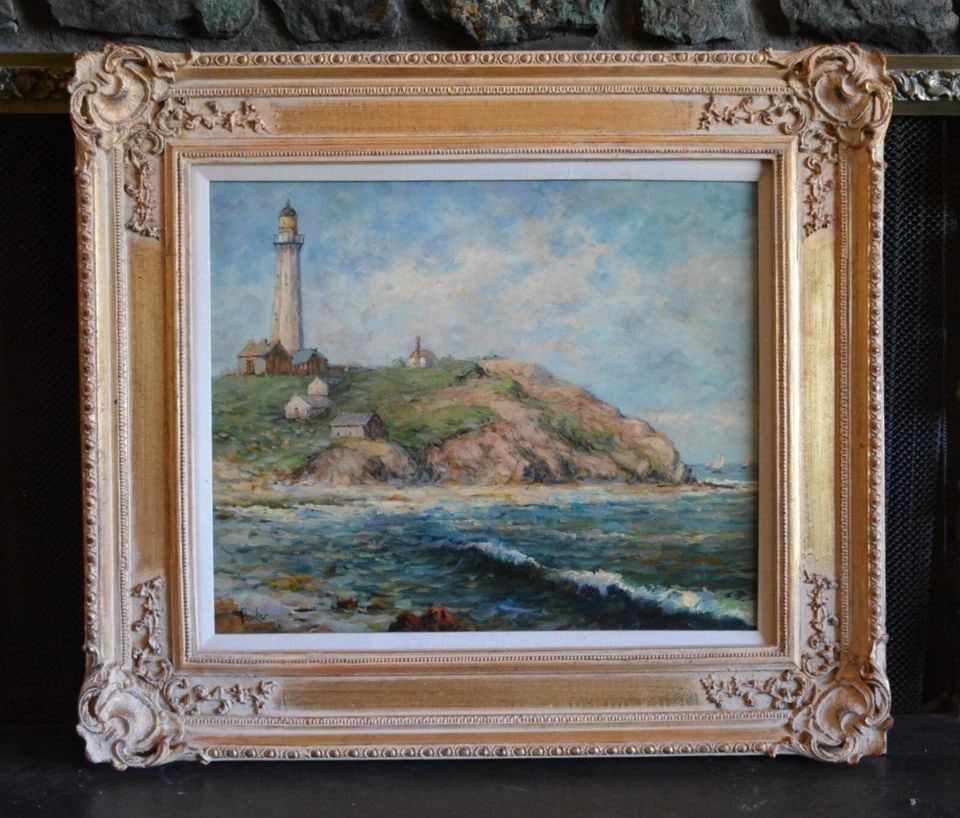 VINTAGE OIL PAINTING - SEASCAPE - LIGHTHOUSE ON ROCKY PROMONTORY - FRAMED SIGNED (1 of 2)