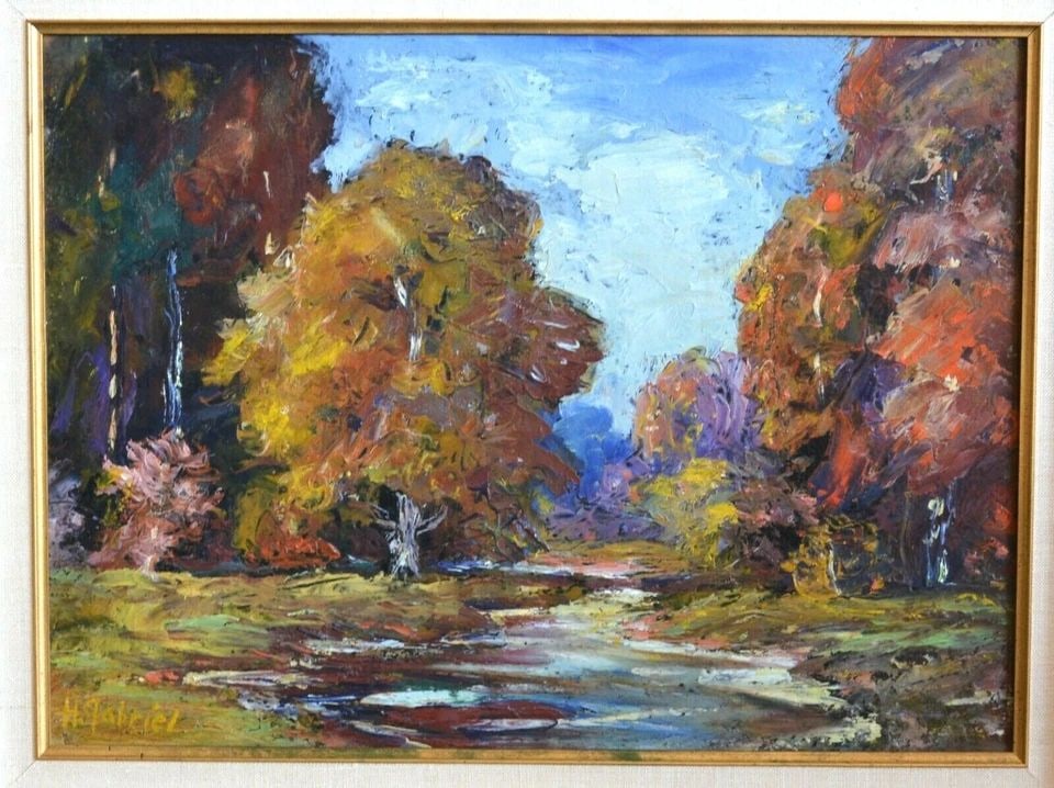 ORIGINAL IMPRESSIONIST LANDSCAPE PAINTING - CREEK WOODS IN AUTUMN - H. GABRIEL (1 of 2)