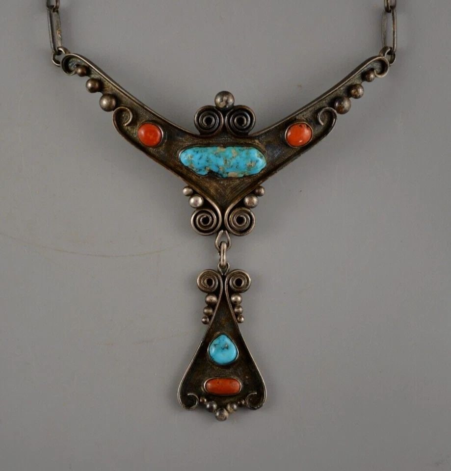 OLD PAWN JAMES LITTLE -NAVAJO SILVER NECKLACE - TURQUOISE CORAL 16.5" (1 of 2)