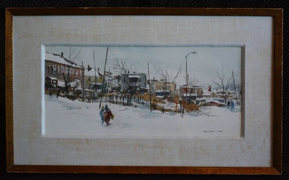 JACK FLYNN 1927- WATERCOLOR PAINTING MASSACHUSETTS CITYSCAPE IN SNOW AWS MEMBER (1 of 2)