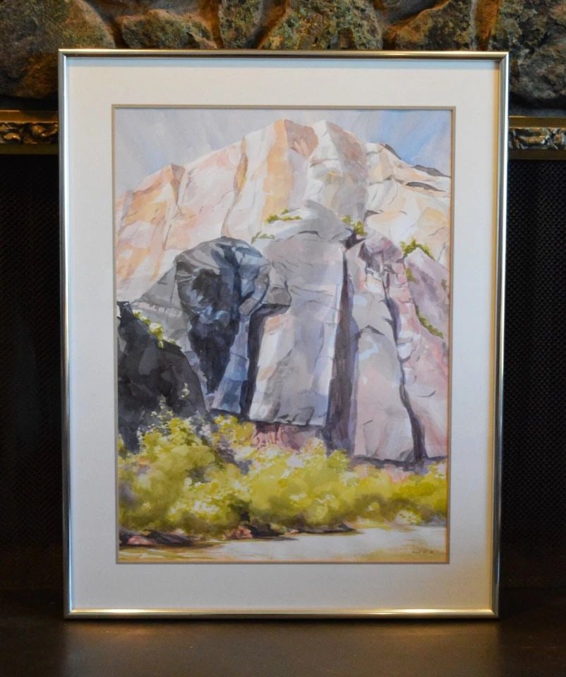 TOM WARD - TEMPLE OF SINAWAVA NARROWS ZION UTAH LANDSCAPE WATERCOLOR PAINTING: TOM WARD - TEMPLE OF SINAWAVA NARROWS ZION UTAH LANDSCAPE WATERCOLOR PAINTING This lovely watercolor painting shows the Temple of Sinawava in Zion National Park, Utah. This is the formation at the beg