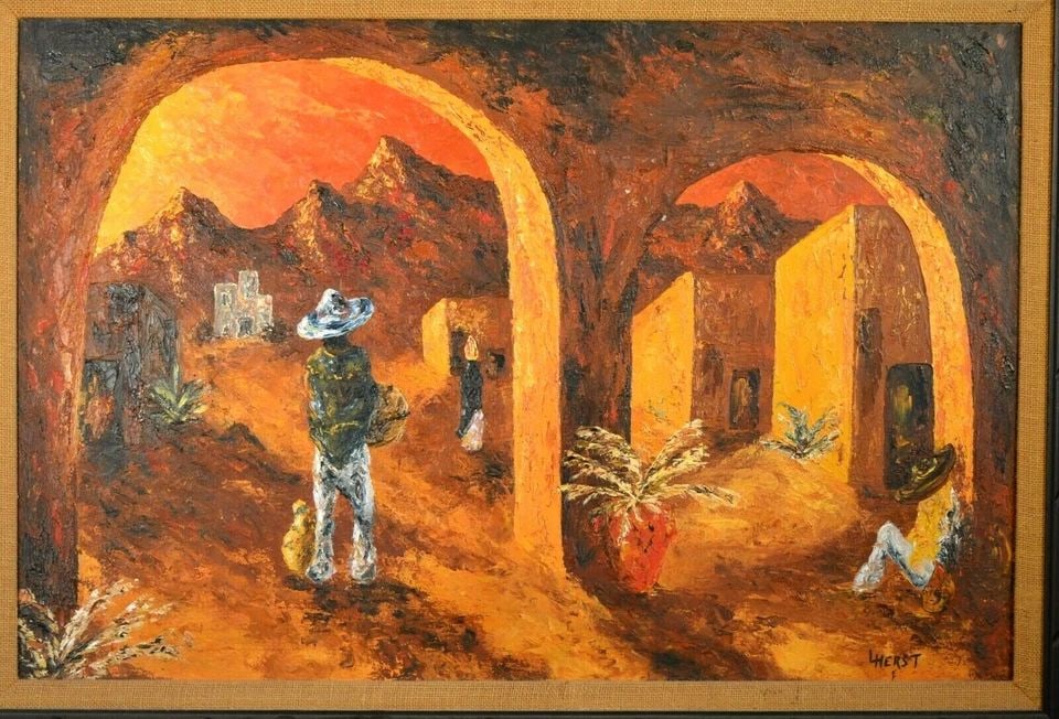 LG VINTAGE OIL PAINTING OLD WEST LATIN AMERICAN VILLAGE LANDSCAPE -LINDA C HERST (1 of 2)