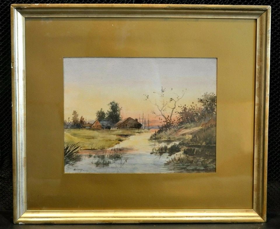 W.C. EISEN 1890'S ANTIQUE WATERCOLOR PAINTING - COASTAL VILLAGE & SAILING SHIP (1 of 2)