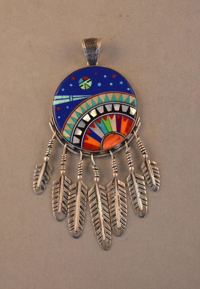 VINTAGE NAVAJO STERLING SILVER PENDANT - SUN STARS MOON - DANGLE FEATHERS - 4.5" (1 of 2)