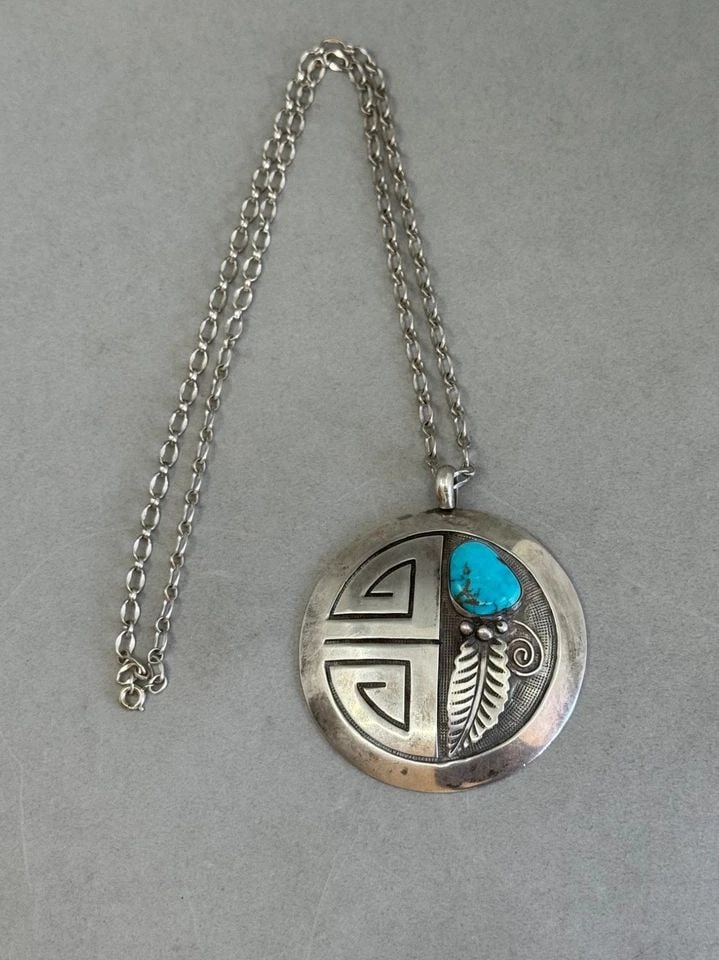 OLD PAWN HOPI STERLING SILVER AND TURQUOISE PENDANT ON STERLING CHAIN: OLD PAWN HOPI STERLING SILVER AND TURQUOISE PENDANT ON STERLING CHAIN Old Pawn Hopi Sterling Silver and Turquoise Pendant on Sterling Silver Chain .. Pendant is 2 7/8 " Tall x 2 1/2 Wide Sterling Chai