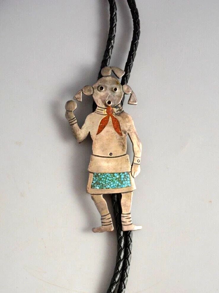 LEROY KEWANYAMA (1922-1997) - OLD HOPI SILVER BOLO TIE - MUDHEAD KACHINA: Item Description: This Hopi silver bolo tie has been beautifully crafted by well known Hopi artist Leroy Kewanyama. It is signed with his triangular Star Priest hallmark and the Hopi Silvercraft Guild