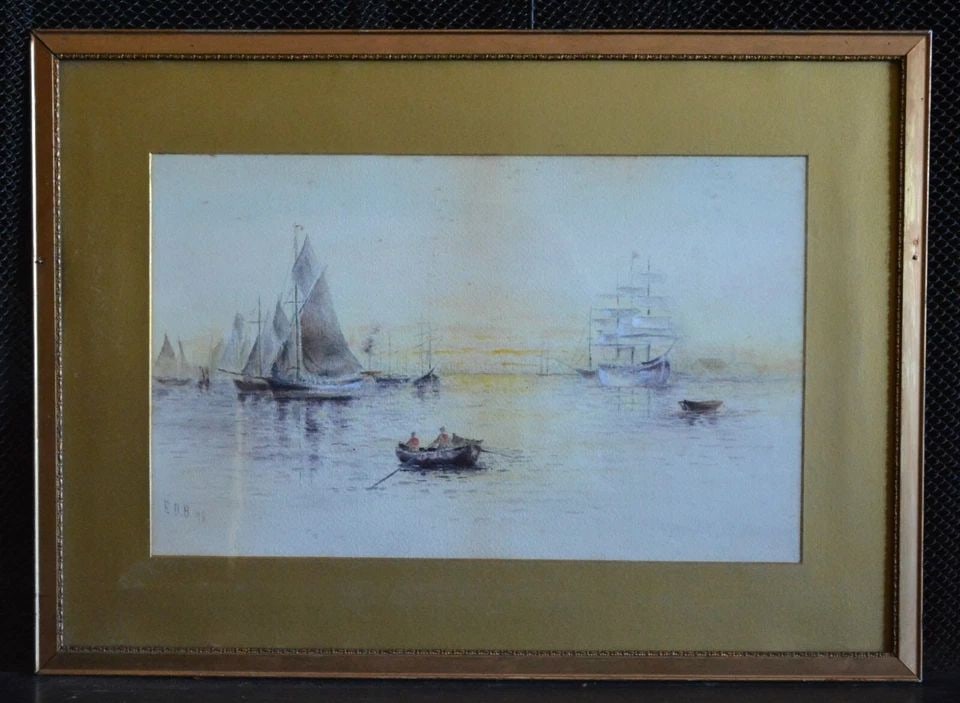 ANTIQUE WATERCOLOR PAINTING - SIGNED EDB 1898 - SAILING SHIPS IN HARBOR - FRAMED (1 of 2)