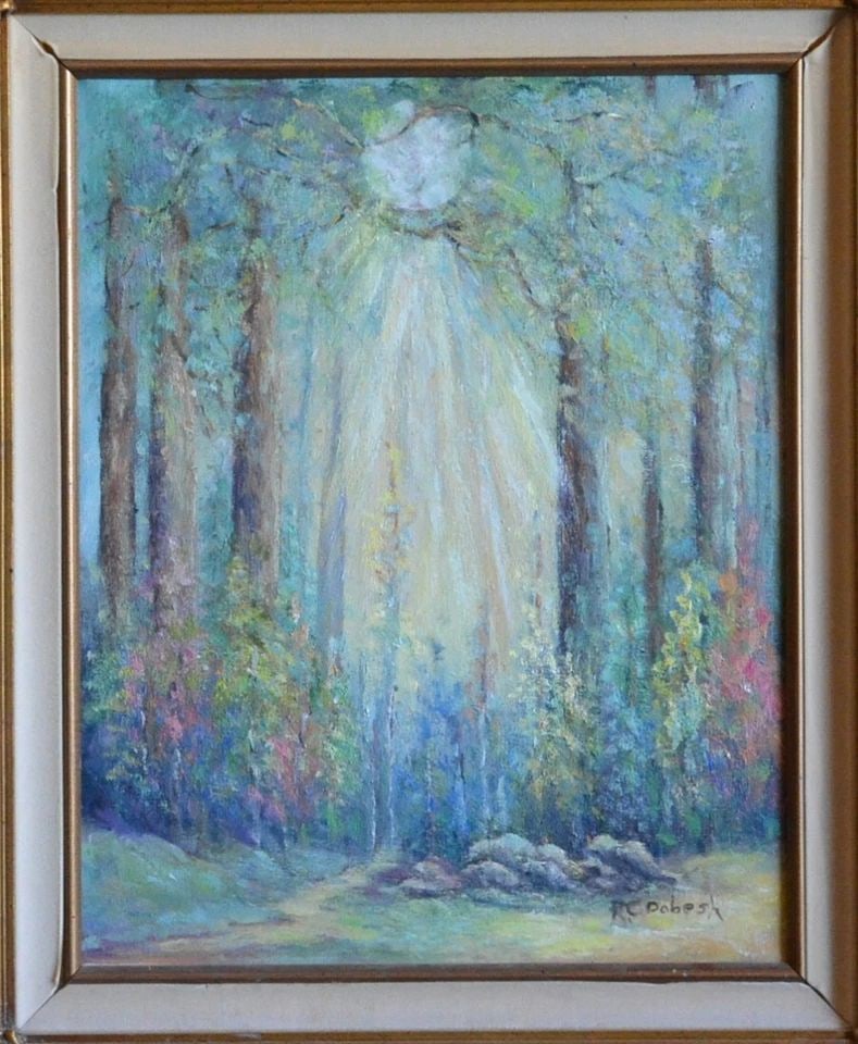 RUBY C. DOBESH 1905-2003 - ENCINITAS CALIF. ARTIST - MAGICAL SUNRISE IN FOREST (1 of 2)