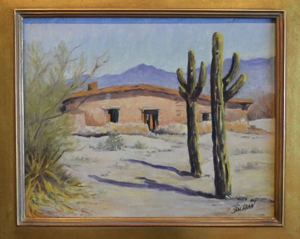 VINTAGE OLD SOUTHWEST SONORAN DESERT ADOBE RANCH SAGUARO CACTUS - OIL PAINTING: VINTAGE OLD SOUTHWEST SONORAN DESERT ADOBE RANCH SAGUARO CACTUS - OIL PAINTING This original oil painting shows an old adobe home in the Southwest Sonoran Desert. It is signed by the artist, Balahan, 