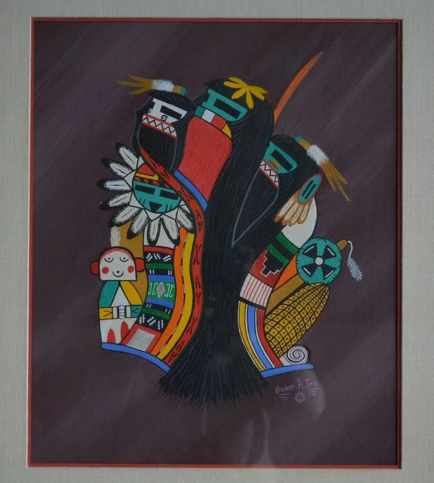 GILBERT A. TYMA - HOPI PAINTING - KACHINA GROUP W. CORN, RATTLE, GRANDMOTHER (1 of 2)