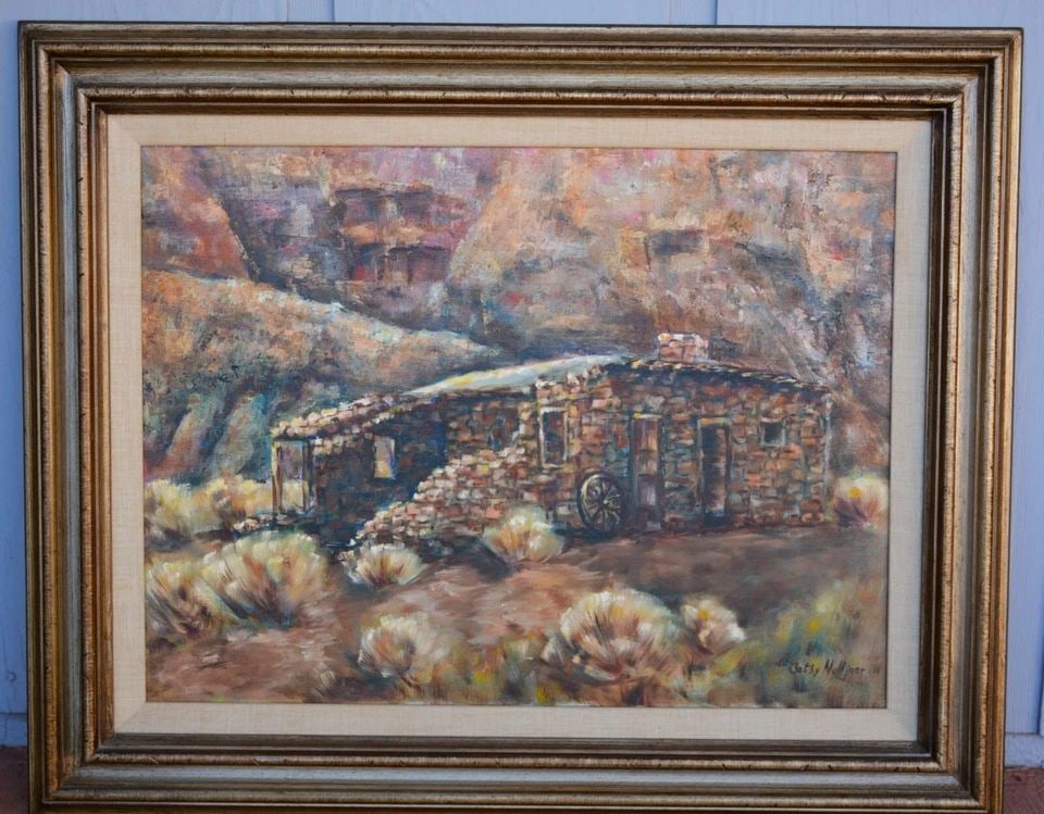 CATHY NULLINER - OIL PAINTING PIONEER STONE HOUSE IN MOUNTAINS - ARIZONA: CATHY NULLINER - OIL PAINTING PIONEER STONE HOUSE IN MOUNTAINS - ARIZONA This original oil painting was done by Pinetop Arizona artist Cathy Nulliner. It shows an old Pioneer stone cabin nestled up ag