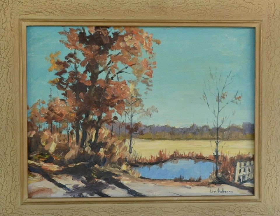 LEWIS OSBORNE (1887-1972) - OIL LANDSCAPE PAINTING - HORN POND - WOBURN MA: LEWIS OSBORNE (1887-1972) - OIL LANDSCAPE PAINTING - HORN POND - WOBURN MA This impressionist oil painting was done by Lewis Osborne (1887-1972). It is oil on canvas board and measures 9" x 12". With 