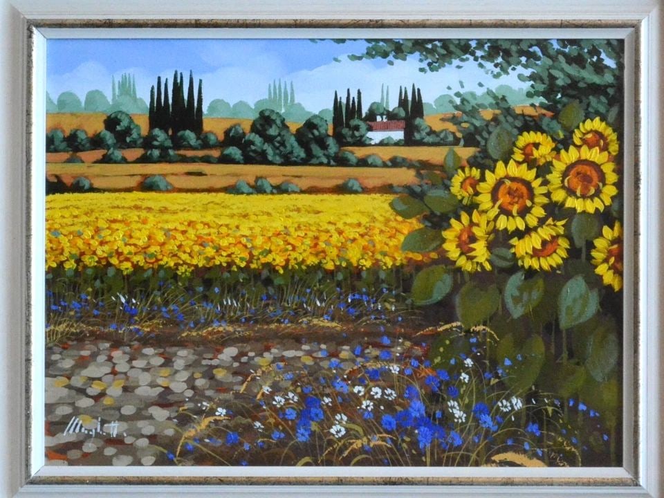 MUGHETTI - LANDSCAPE PAINTING - CREMONA LOMBARDY ITALY - FIELD OF SUNFLOWERS (1 of 2)