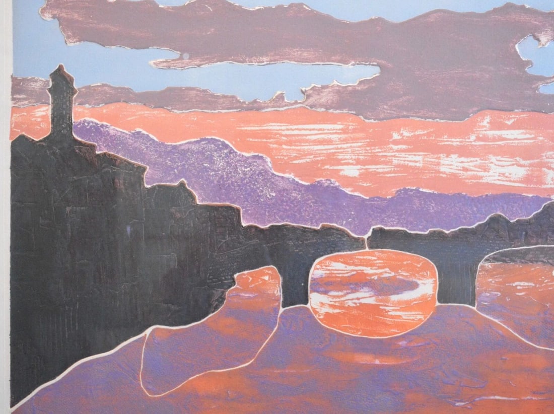 TOM WARD - RAISED RELIEF WOOD BLOCK PRINT - BRIDGE SANTA TRINITA FLORENCE ITALY: This raised block print shows an almost abstract impression of the Bridge of Ponte Santa Trinita on the Arno River in Florence Italy. The bridge and architecture of the city beyond is in darker shades