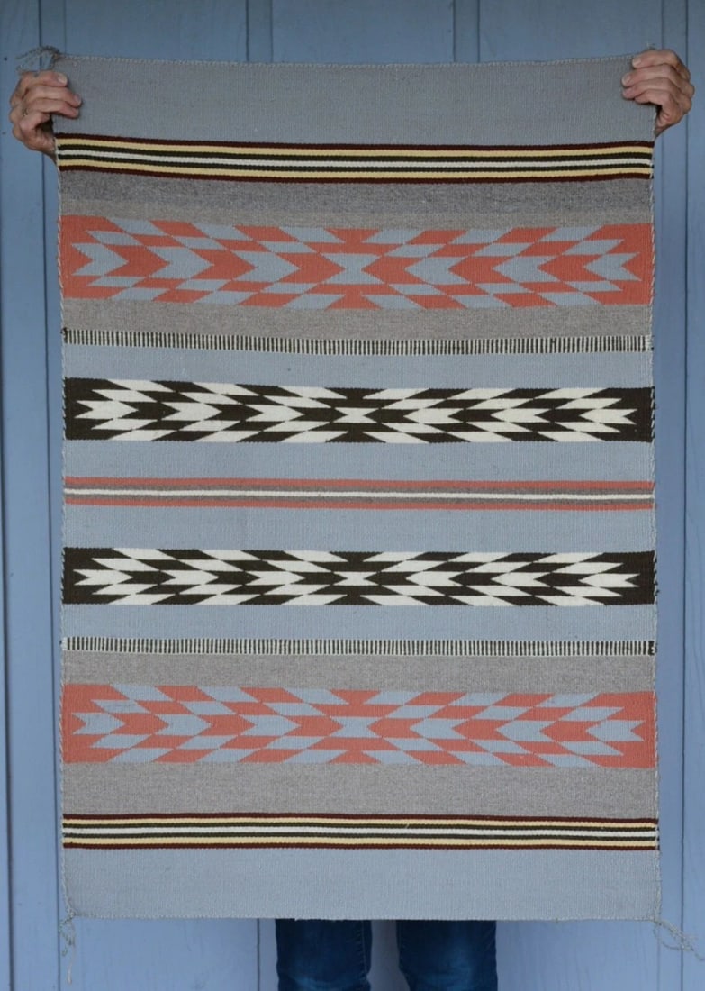 VINTAGE NAVAJO RUG - BANDED STRIPE DESIGN - TIGHTLY WOVEN - 40" X 28": This Navajo rug has been beautifully and tightly woven. It shows a great banded striped design with 2 center bands of black and white that really pop. One corner is missing part of the tassel. But, ov