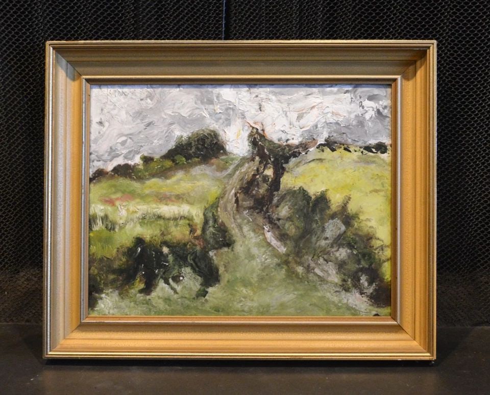 KAMPALA UGANDA - VINTAGE LANDSCAPE PAINTING OF ROLLING GREEN COUNTRYSIDE - 1967: KAMPALA UGANDA - VINTAGE LANDSCAPE PAINTING OF ROLLING GREEN COUNTRYSIDE - 1967 Item Description: This vintage impressionist painting shows a lush green landscape A road leads up to the top of small r