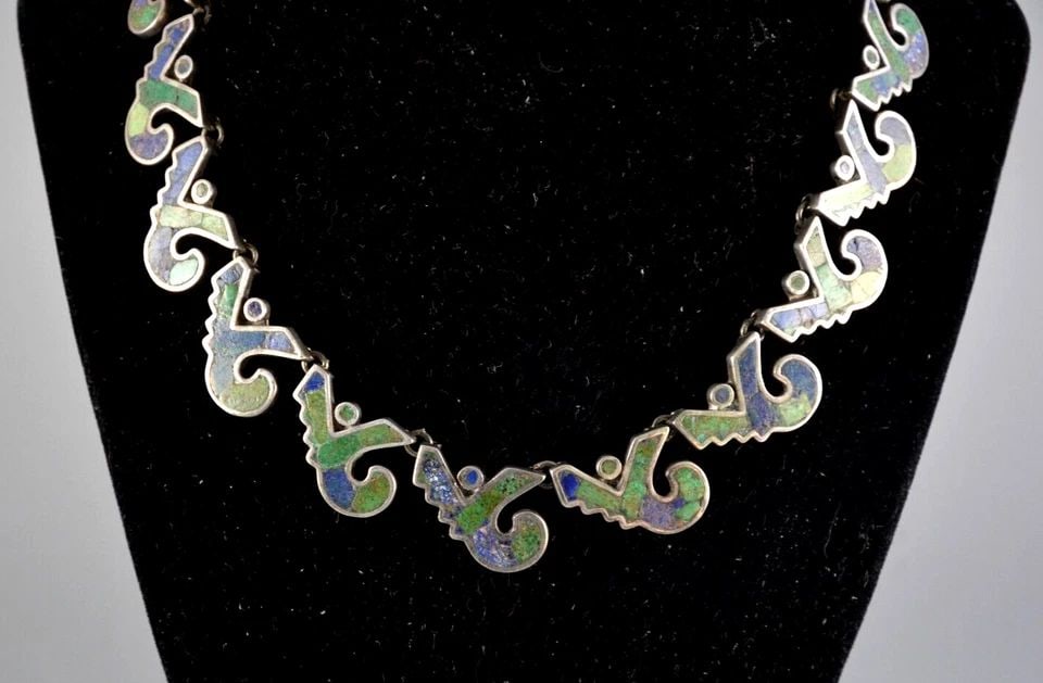 LOS CASTILLO MOSAICO AZTECA 161 - TAXCO SILVER MOSAIC INLAY NECKLACE - 16" (1 of 2)