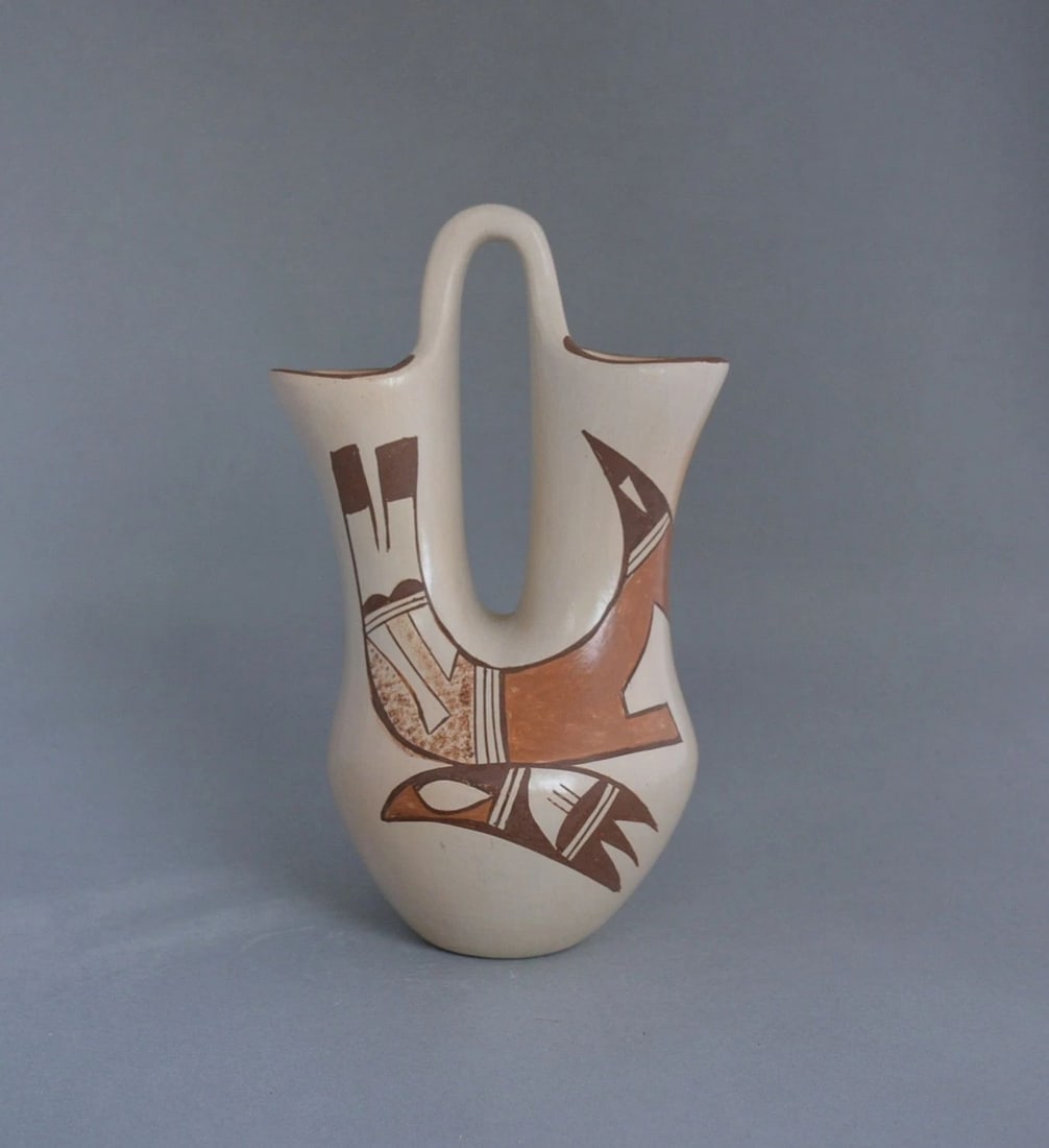 BARBARA POLACCA - VINTAGE HOPI WEDDING VASE POT - WING PATTERNS - 8.5" TALL X 5": This wedding vase pot has been beautifully crafted by Hopi-Tewa potter Barbara Polacca. This pot measures 8.5" tall by 5" across. Barbara is of the Spider clan and has signed the pot with her spider h