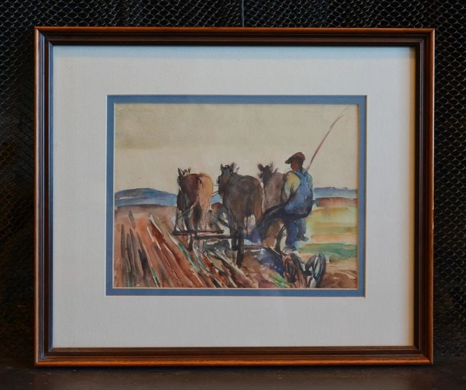 WATERCOLOR PAINTING - 1940S - FARMER PLOWING FIELD WITH MULES HORSES - FRAMED: WATERCOLOR PAINTING - 1940S - FARMER PLOWING FIELD WITH MULES HORSES - FRAMED This vintage watercolor painting has been beautifully done. It shows a farmer plowing a field behind a team of 3 horses or