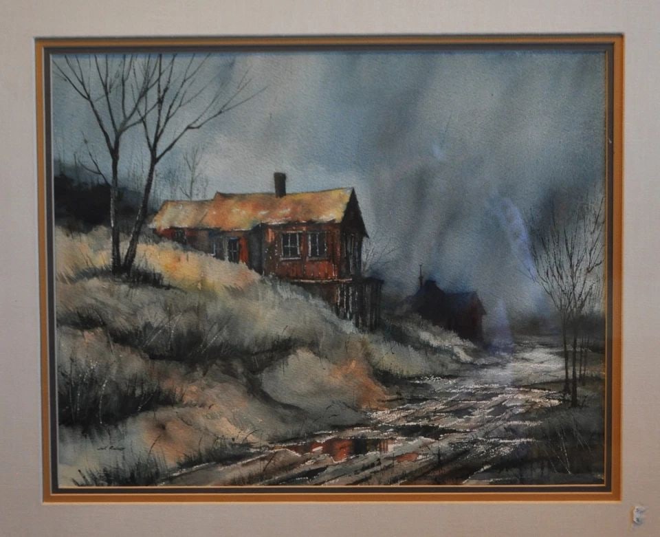 ORIGINAL WATERCOLOR PAINTING - RAINY DAY LANDSCAPE - OLD SHACKS - JACK RICKARD: ORIGINAL WATERCOLOR PAINTING - RAINY DAY LANDSCAPE - OLD SHACKS - JACK RICKARD Item Description: This watercolor landscape painting was done by Jack Rickard. It shows a stormy day in what looks to be 