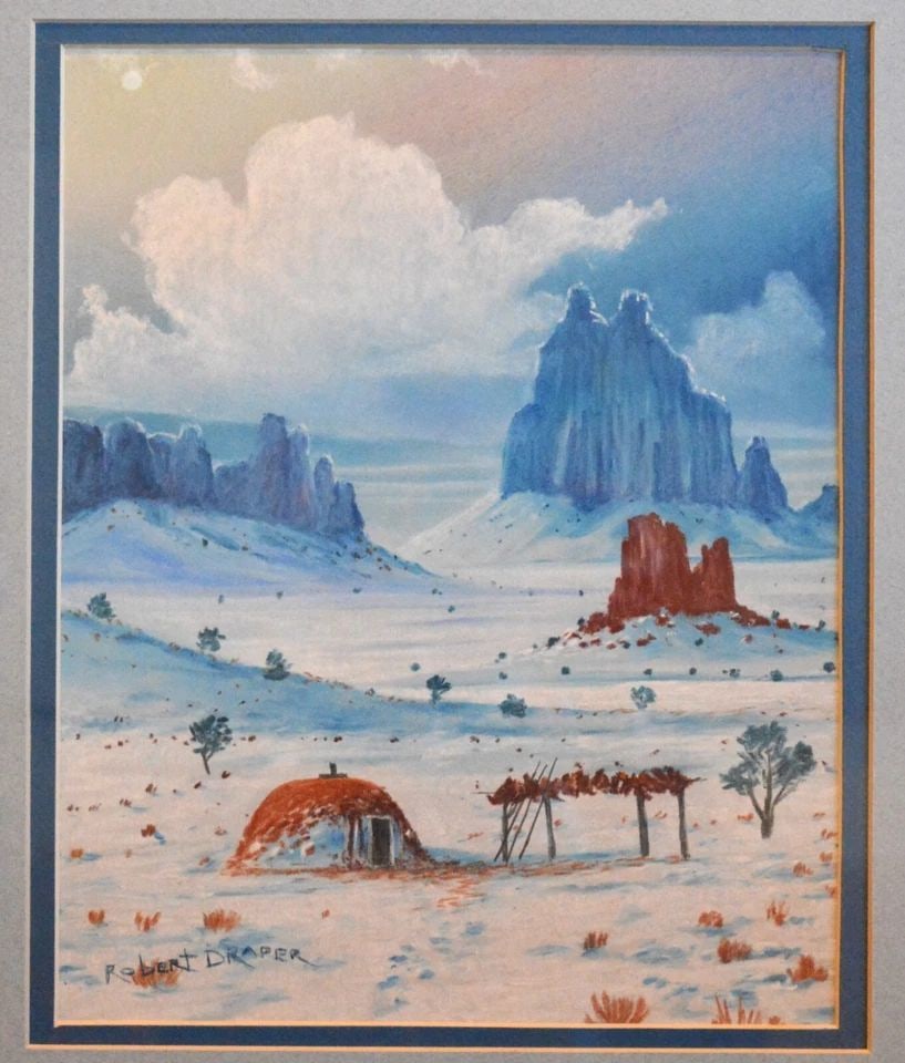 ROBERT DRAPER - NAVAJO ARTIST - WATERCOLOR PAINTING SHIPROCK N.M. HOGAN IN SNOW (1 of 2)