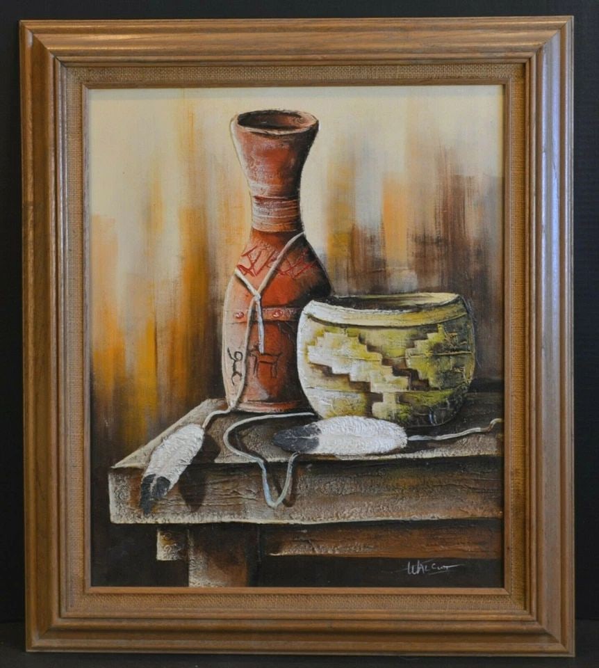 VTG STILL LIFE PAINTING - SOUTHWEST POTS FEATHERS - WARM HUES - FRANK WALCUTT: VTG STILL LIFE PAINTING - SOUTHWEST POTS FEATHERS - WARM HUES - FRANK WALCUTT Item Description: This Southwest still life painting has been done in mostly warm hues of yellow, orange and brown. It was