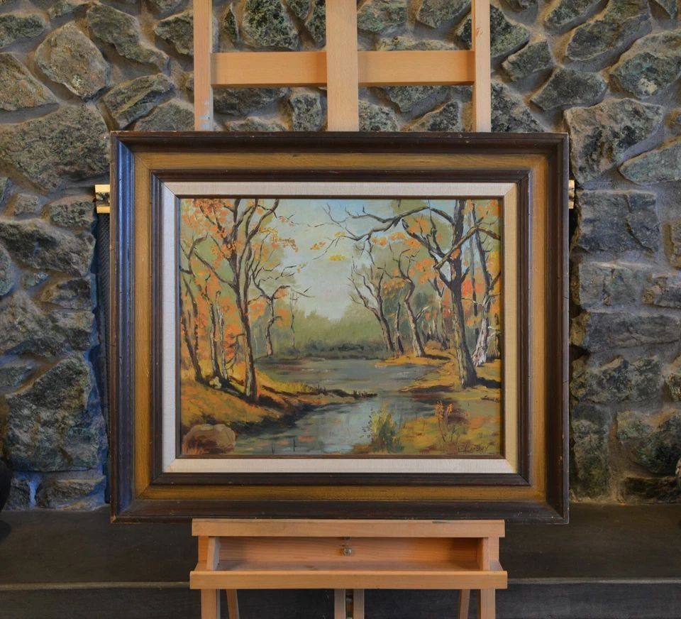 E. LANDRY - MID CENTURY LANDSCAPE PAINTING - CREEK IN WOODS IN FALL: E. LANDRY - MID CENTURY LANDSCAPE PAINTING - CREEK IN WOODS IN FALL Item Description: This painting shows a fall landscape. A creek wanders through the woods, the leaves on the trees have turned color