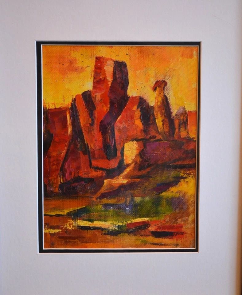 OIL PAINTING - EXPRESSIVE RED ROCK LANDSCAPE IN FULL SUN - BEAUTIFULLY FRAMED: OIL PAINTING - EXPRESSIVE RED ROCK LANDSCAPE IN FULL SUN - BEAUTIFULLY FRAMED This expressive painting shows an expressive glowing deep red rock landscape. The painting has been beautifully matted, fr