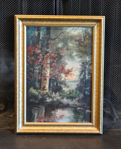 ELLA RYAN - VINTAGE ORIGINAL OIL PAINTING - FOREST IDYLL NEAR LAKE - FALL (1 of 2)