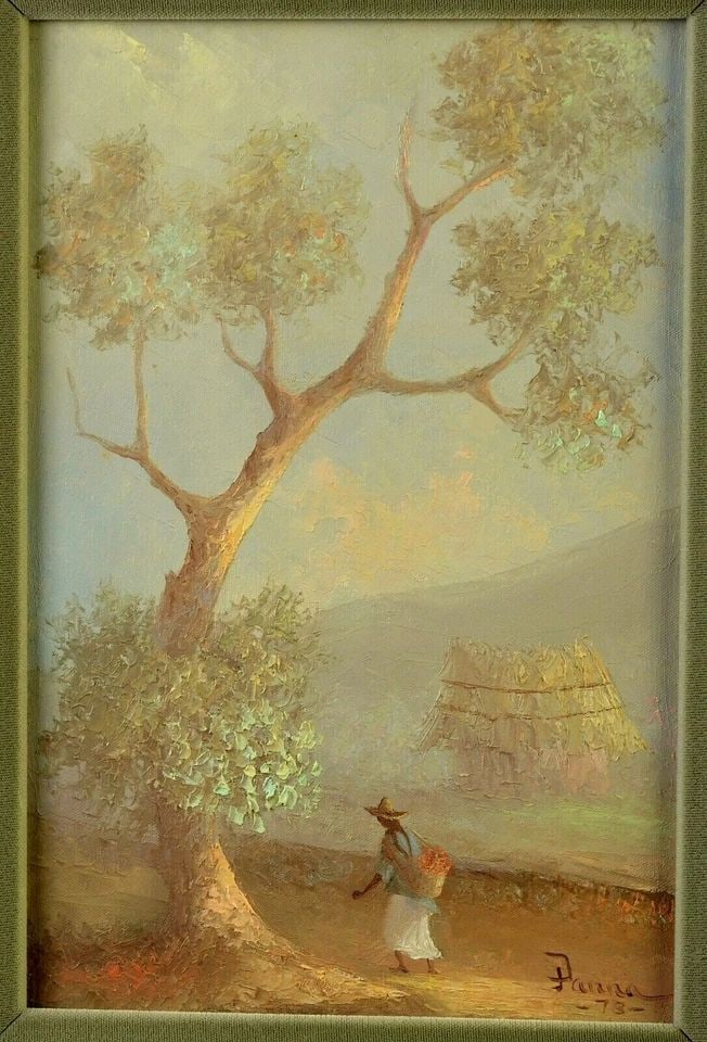 VINTAGE PAINTING - LATIN AMERICA FLOWER VENDOR - SOFT PASTEL COLORS 1973 - PANNA: VINTAGE PAINTING - LATIN AMERICA FLOWER VENDOR - SOFT PASTEL COLORS 1973 - PANNA Item Description: This vintage painting is titled "Flower Vendor" on the back. It is on canvas and has been beautifully