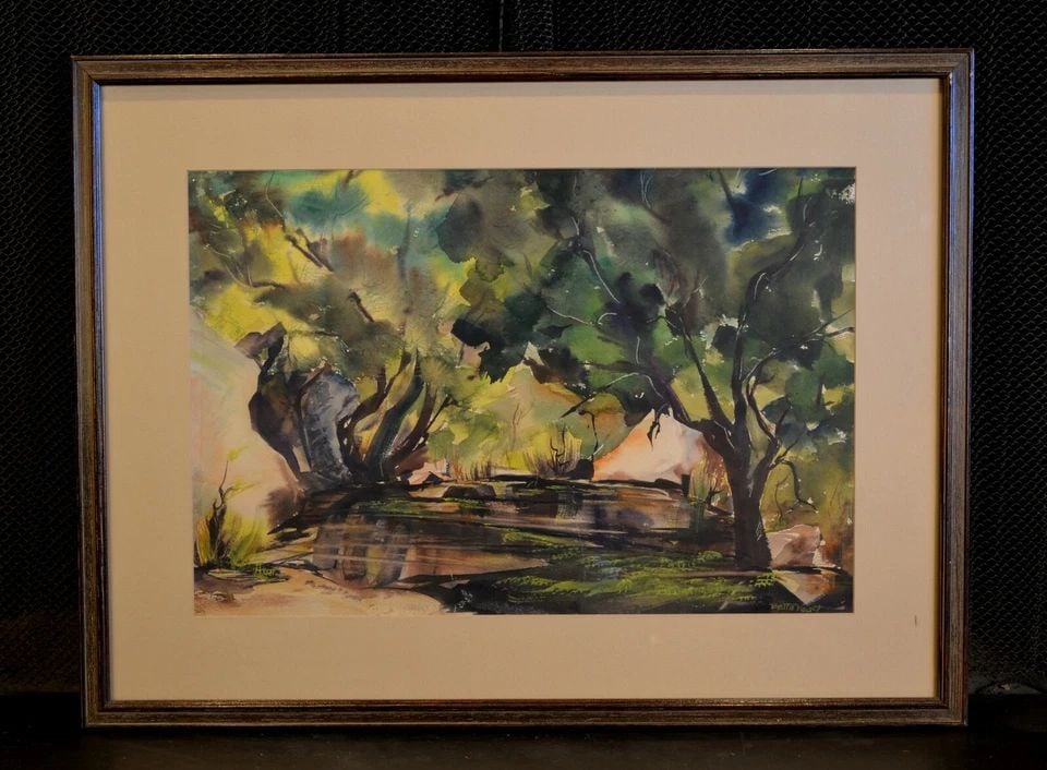 LANDSCAPE WATERCOLOR PAINTING - CREEK IN WOODS - GREENS - BETTE VOGT 1905-99 (1 of 2)