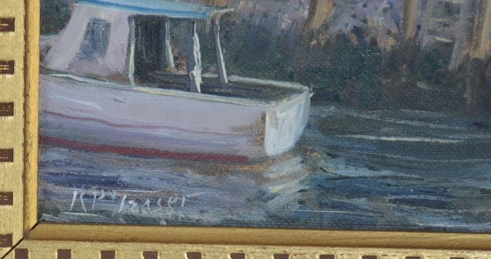 RAYMOND P. FRASER (1899-1979) - OIL PAINTING - BOAT DOCKED - ROCKPORT MA: RAYMOND P. FRASER (1899-1979) - OIL PAINTING - BOAT DOCKED - ROCKPORT MA This painting was done by Boston artist Raymond P. Fraser (1899-1979) It is oil on canvas board and signed in the lower left an