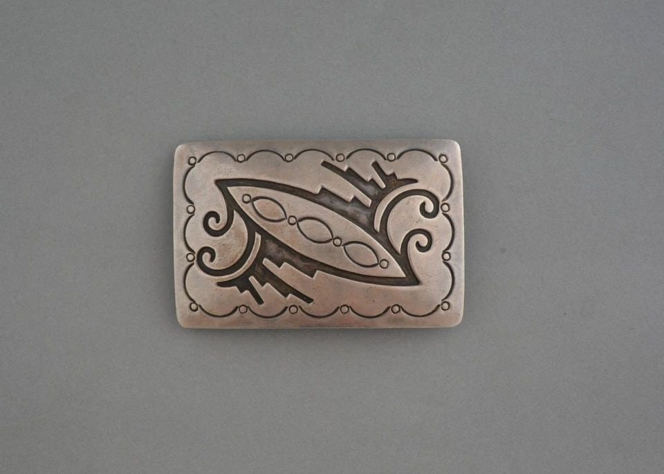 CORBET JOE JR. - OLD PAWN NAVAJO STERLING SILVER BELT BUCKLE - GREAT DESIGN 3X2: CORBET JOE JR. - OLD PAWN NAVAJO STERLING SILVER BELT BUCKLE - GREAT DESIGN 3X2 This vintage sterling silver belt buckle has been beautifully designed and crafted by Navajo silversmith Joe Corbet Jr. 