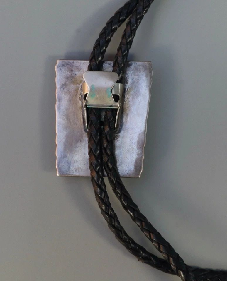VINTAGE NAVAJO STERLING SILVER AND TURQUOISE BOLO TIE SIGNED SPENCER: VINTAGE NAVAJO STERLING SILVER AND TURQUOISE BOLO TIE SIGNED SPENCER Item Description: 2" Tall 1 3/4 " Wide