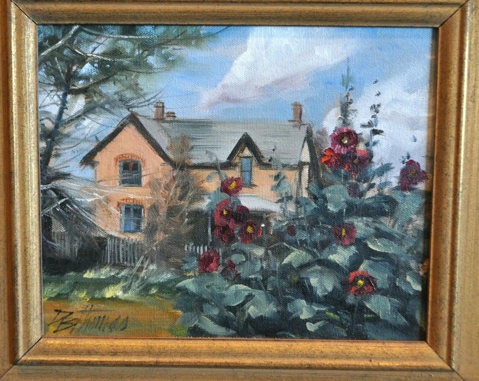 ORIGINAL PAINTING OF SOUTHWEST HOME WITH RED HOLLYHOCKS - DARRELL THOMAS (1 of 2)