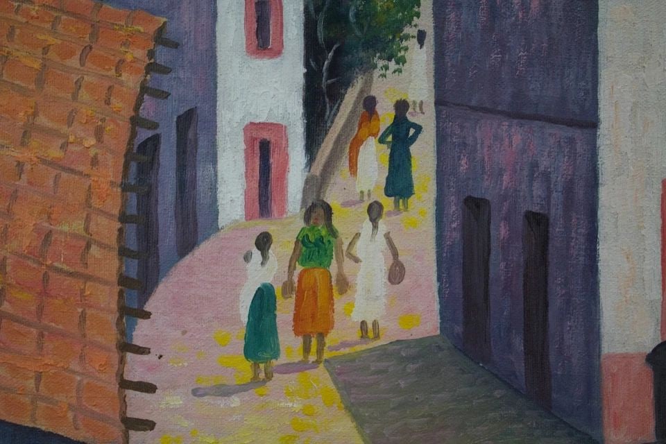 COLORFUL PAINTING OF VILLAGE IN MEXICO LATIN AMERICA "DAVID DIAZ" 1983: COLORFUL PAINTING OF VILLAGE IN MEXICO LATIN AMERICA "DAVID DIAZ" 1983 Item Description: This is a colorful painting of a small village in Latin America, or possibly Mexico. The lettering on the front