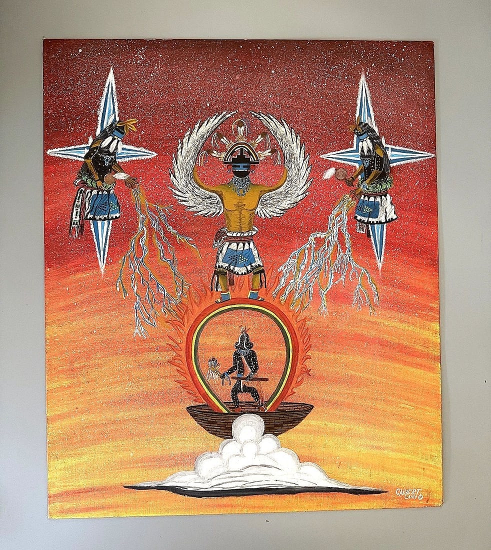 RARE CALVERT LAMY ZUNI PAINTING 20" X 24 " KACHINA'S: Oil on Board 20 x 24 No Frame