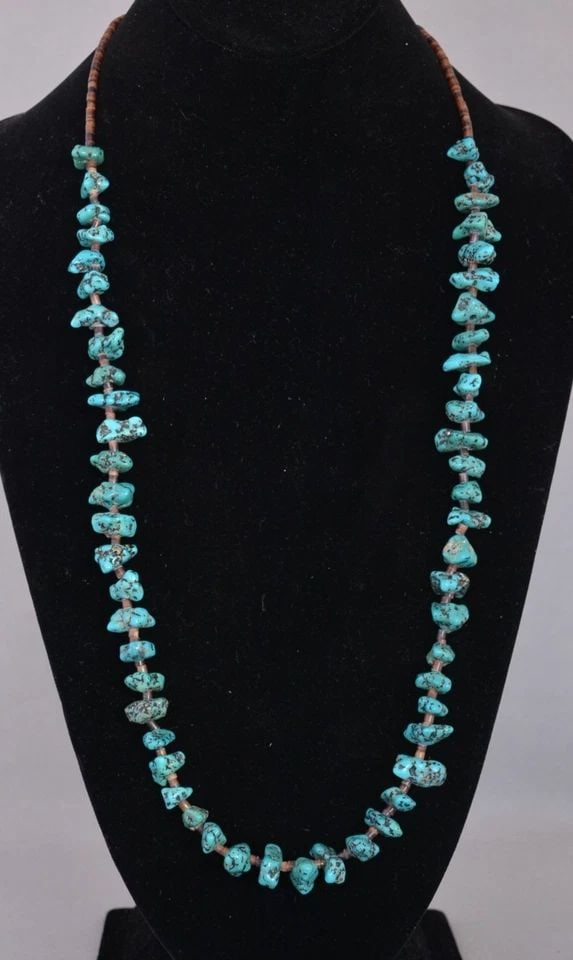 OLD PAWN NAVAJO BEAD NECKLACE - TURQUOISE NUGGETS AND FINE HEISHI - 29.5" LONG (1 of 2)