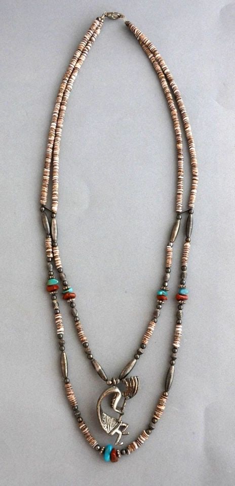 NAVAJO DOUBLE STRAND NECKLACE - CLAMSHELL HEISHI TURQUOISE CORAL & FLUTE PLAYER (1 of 2)