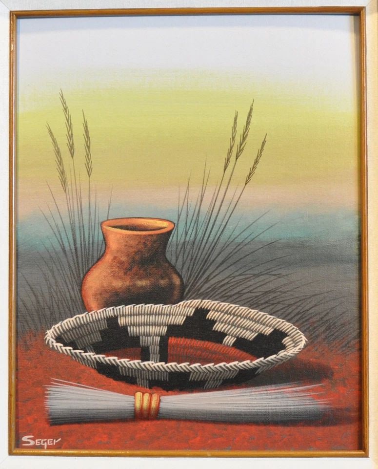 DAVID SEGER - PAINTING NAVAJO TRADITIONAL WEDDING BASKET POT & BRUSH - GALLUP NM (1 of 2)