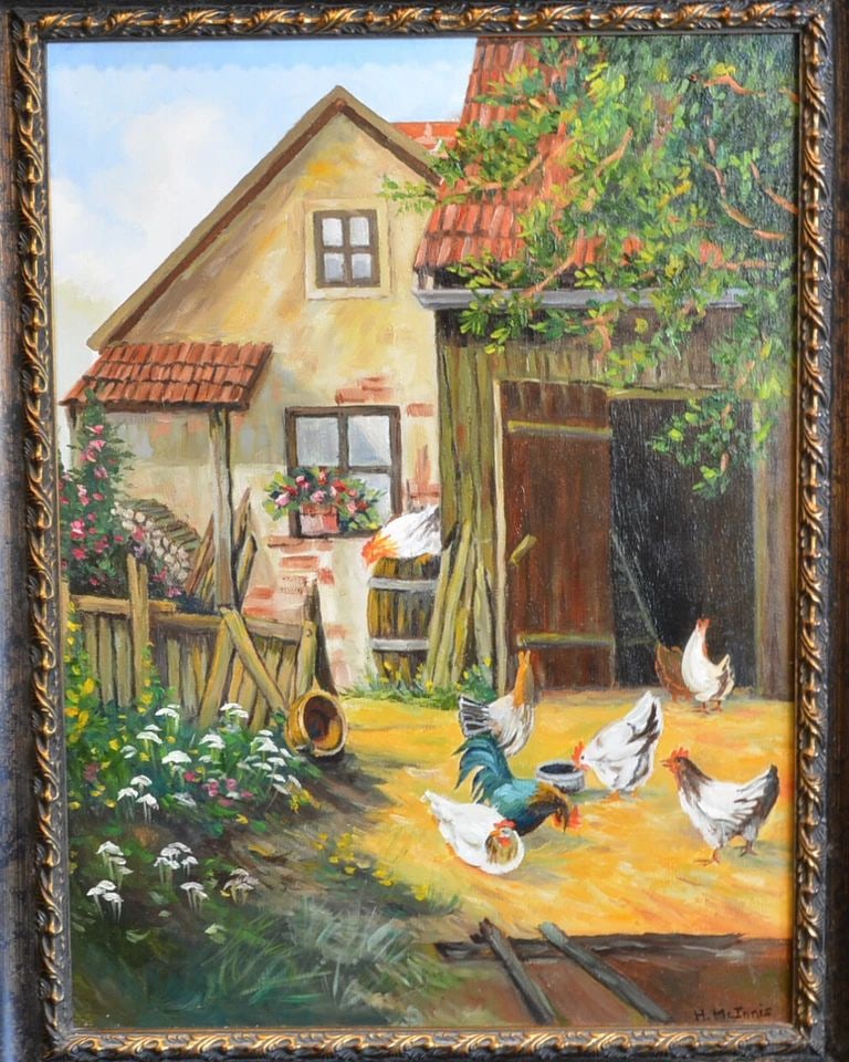 OIL PAINTING - OLD HOMESTEAD CHICKENS IN YARD - SEDONA AZ ARTIST HARRIET MCINNIS (1 of 2)