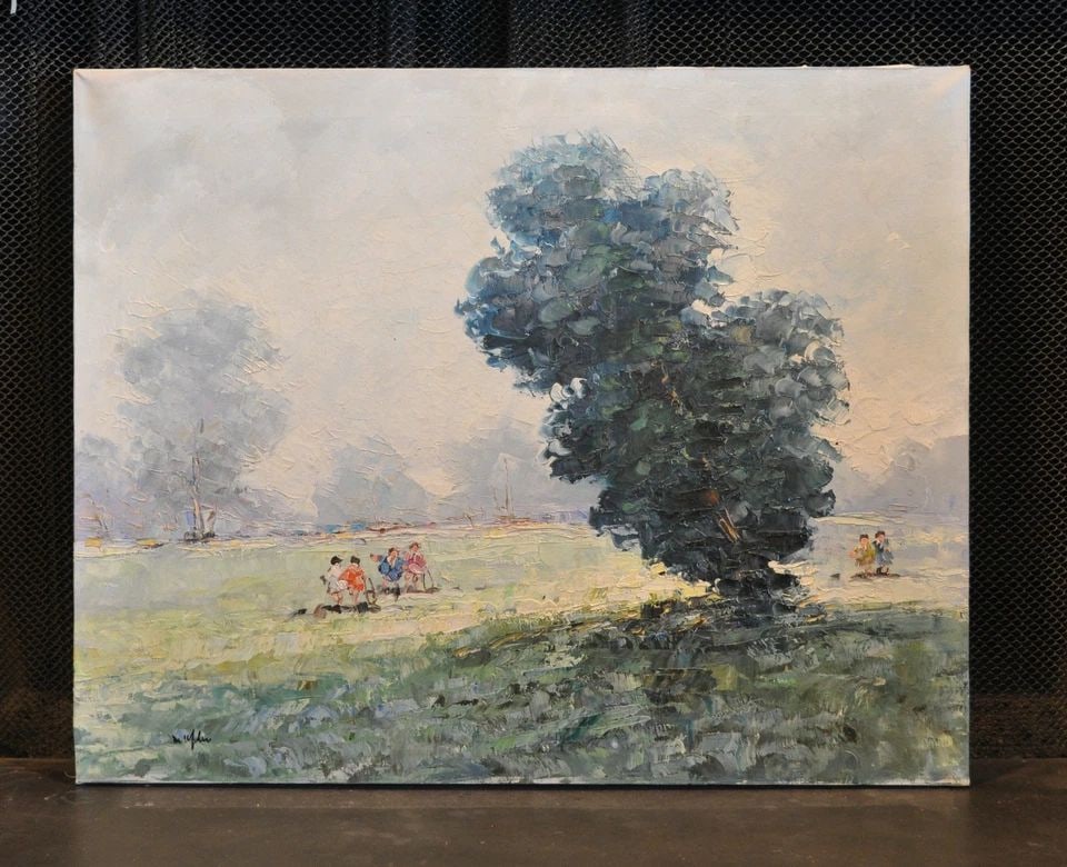 ORIGINAL IMPRESSIONIST PAINTING - CHILDREN PLAYING ON GRASS PARK FIELD & TREES (1 of 2)