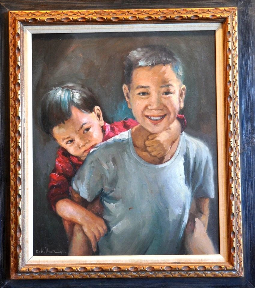 C. K. HAR - OIL PAINTING YOUNG CHINESE BOY WITH FATHER: C. K. HAR - OIL PAINTING YOUNG CHINESE BOY WITH FATHER Item Description: This vintage oil painting shows a young Chinese boy and father. It was done by C. K. Har, from China, who was known for portrai