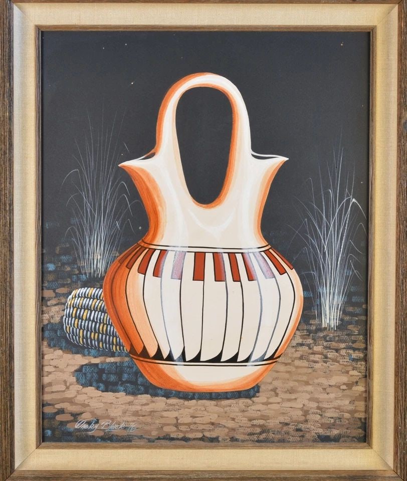 JACKY BLACK - VINTAGE NAVAJO INDIAN PAINTING - WEDDING VASE POT W BLUE CORN 1976: JACKY BLACK - VINTAGE NAVAJO INDIAN PAINTING - WEDDING VASE POT W BLUE CORN 1976 Item Description: This painting was done by Navajo artist Jacky Black and is dated 1976. It shows a double spouted wedd